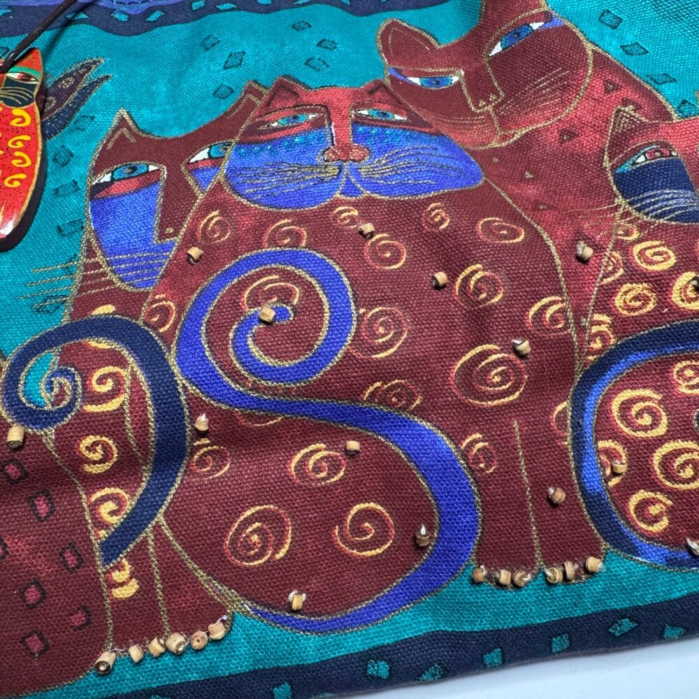 Laurel Burch Cat Feline Shoulder Tote Bag Beaded Sun N Sand Zipper Colorful Art - Picture 12 of 16
